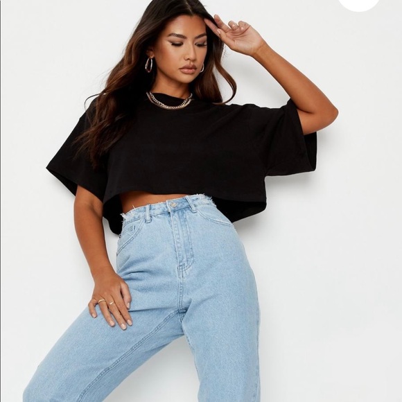 Missguided Drop Shoulder Oversized Black Crop Top Size 12 - Picture 4 of 8